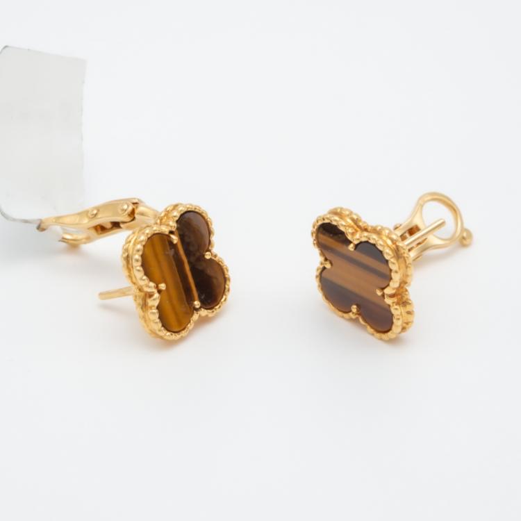 Pre Owned Van Cleef & Arpels Vintage Alhambra Tiger Eye Earrings