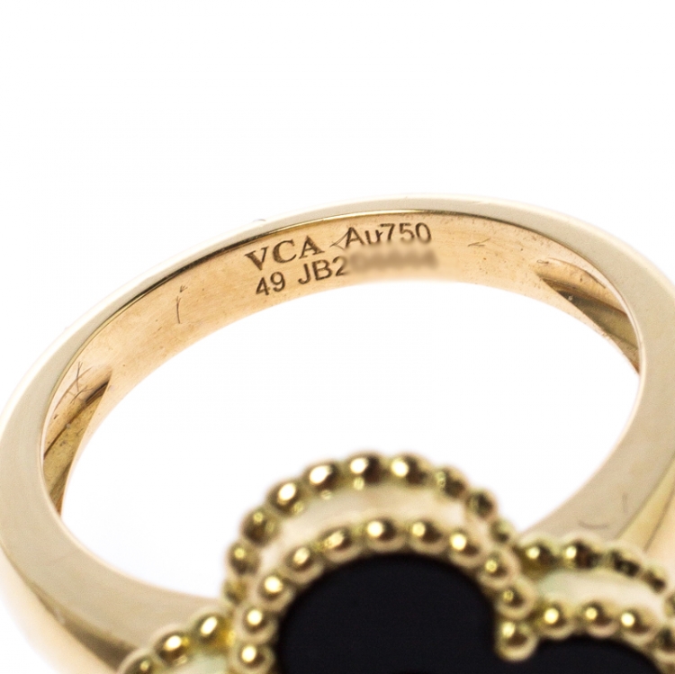 Pre Owned Van Cleef & Arpels Vintage Alhambra Diamond Onyx 18k Yellow Gold Ring Size 49