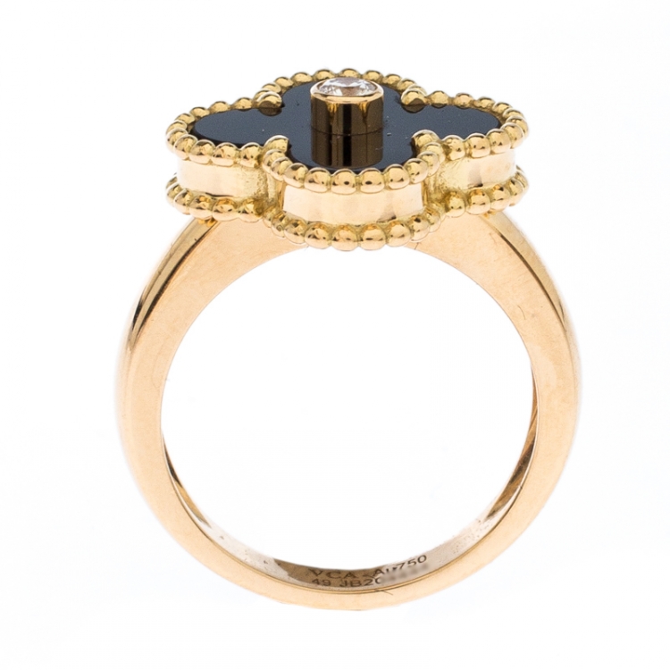 Pre Owned Van Cleef & Arpels Vintage Alhambra Diamond Onyx 18k Yellow Gold Ring Size 49