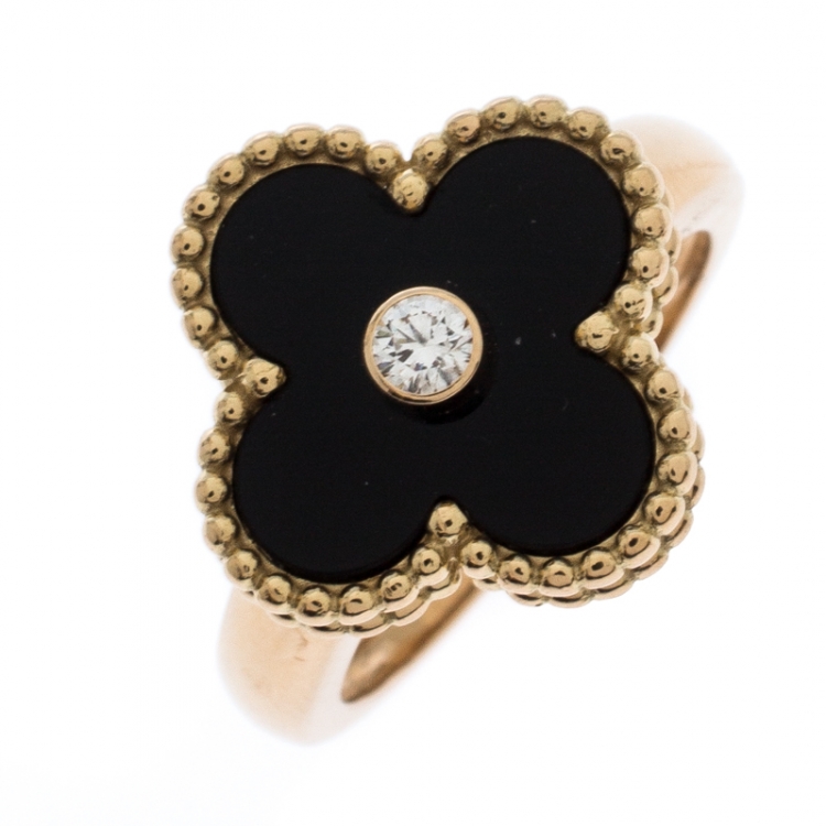Pre Owned Van Cleef & Arpels Vintage Alhambra Diamond Onyx 18k Yellow Gold Ring Size 49