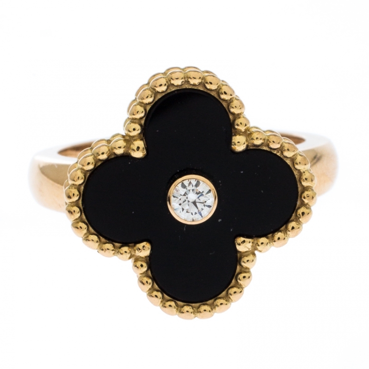 Pre Owned Van Cleef & Arpels Vintage Alhambra Diamond Onyx 18k Yellow Gold Ring Size 49