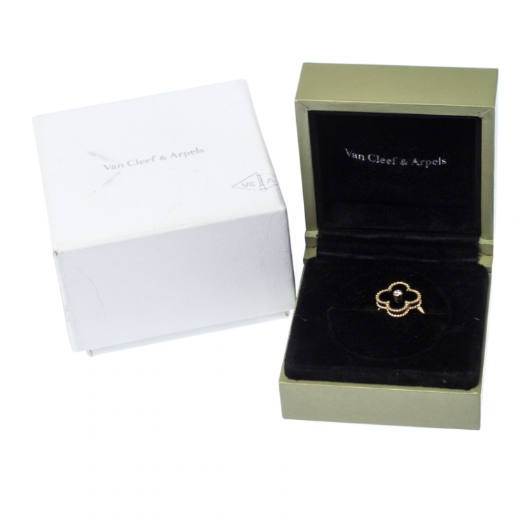 Pre Owned Van Cleef & Arpels Vintage Alhambra Diamond Onyx 18k Yellow Gold Ring Size 49