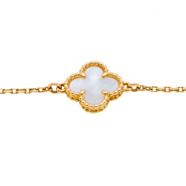 Pre Owned Van Cleef & Arpels Sweet Alhambra White Mother Of Pearl Yellow Gold Bracelet 