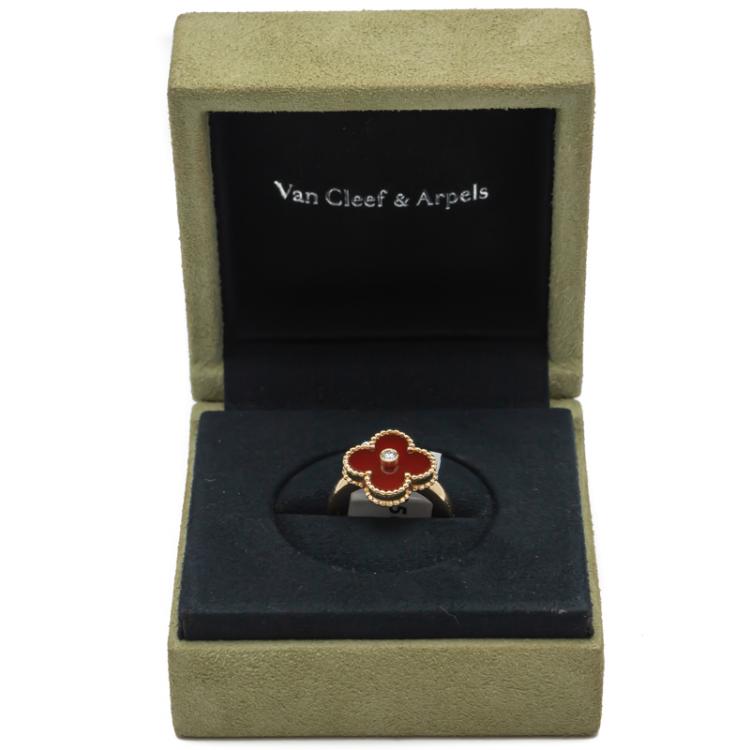 Pre Owned Van Cleef & Arpels Red Carnelian Vintage Alhambra Diamond Yellow Gold Size 52