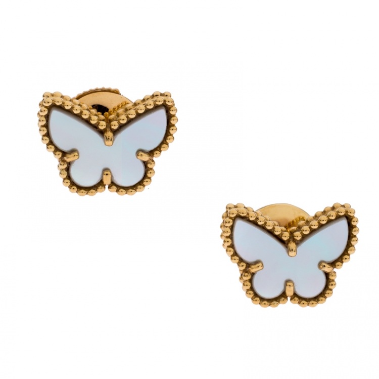 Pre Owned Van Cleef & Arpels Sweet Alhambra Butterfly Yellow Gold and Mother of Pearl Stud Earrings