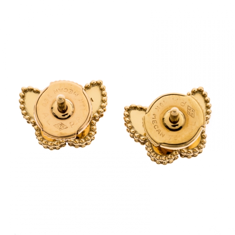 Pre Owned Van Cleef & Arpels Sweet Alhambra Butterfly Yellow Gold and Mother of Pearl Stud Earrings