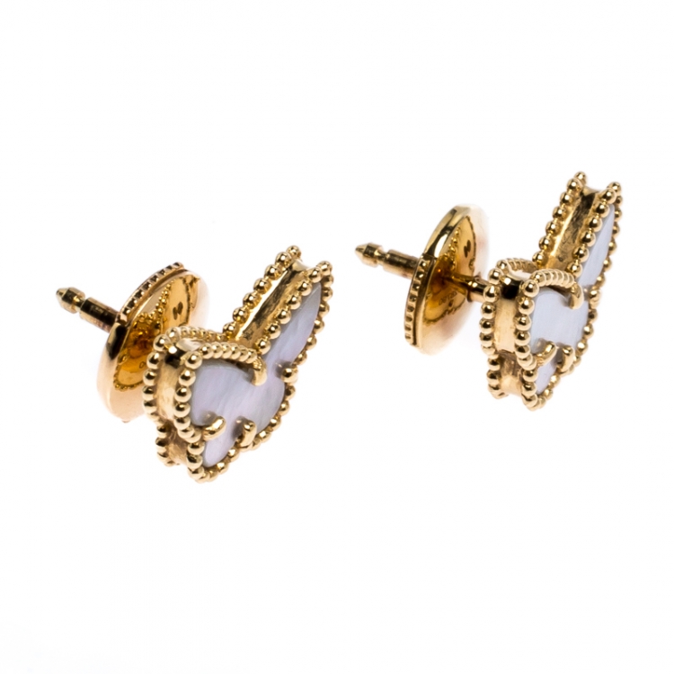 Pre Owned Van Cleef & Arpels Sweet Alhambra Butterfly Yellow Gold and Mother of Pearl Stud Earrings