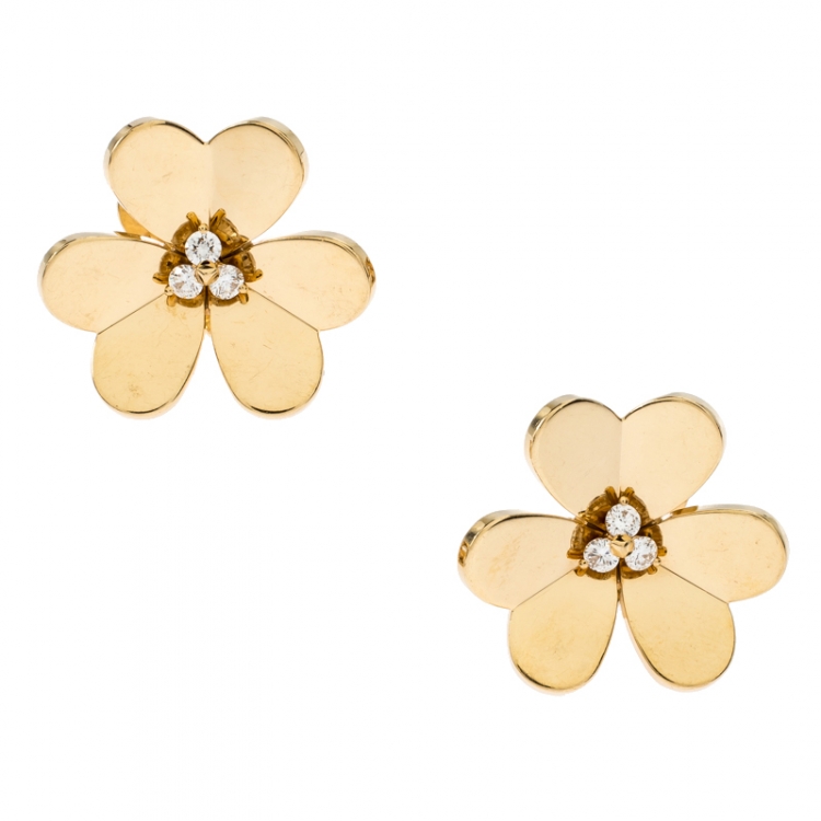 Pre Owned Van Cleef & Arpels Frivole Diamond 18k Yellow Gold Large Clip On Stud Earrings