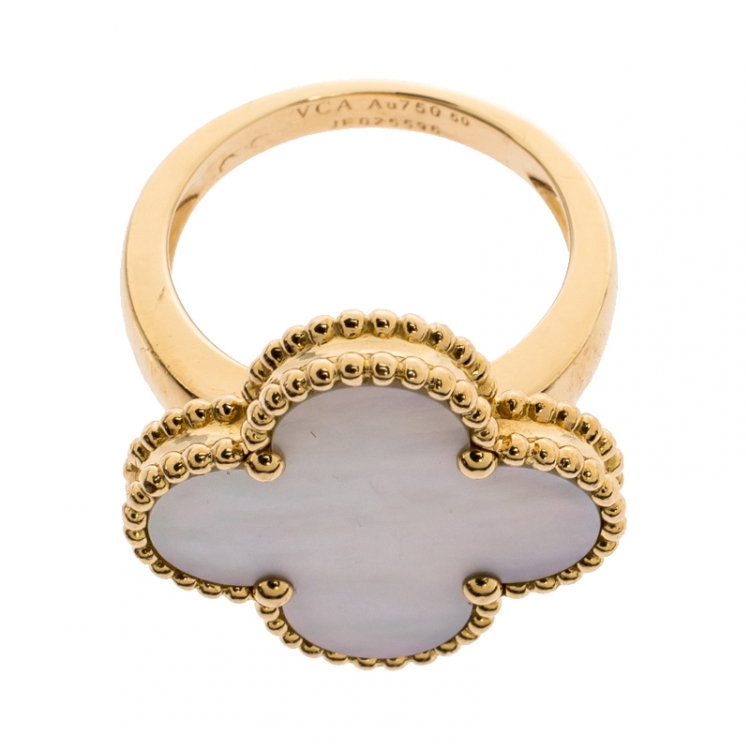 Pre Owned Van Cleef & Arpels Magic Alhambra White Mother of Pearl 18k Yellow Gold Ring Size 50