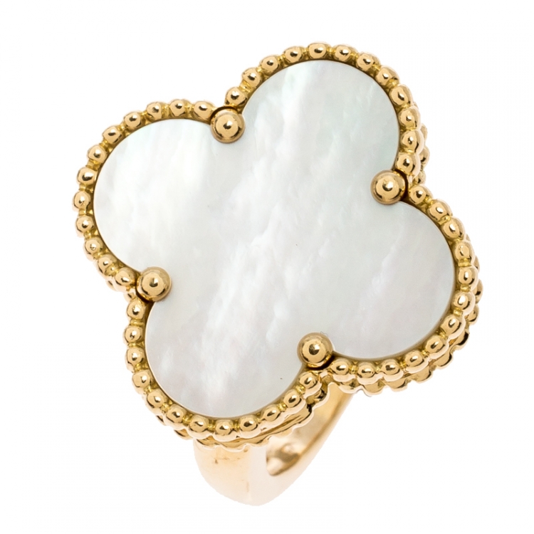 Pre Owned Van Cleef & Arpels Magic Alhambra White Mother of Pearl 18k Yellow Gold Ring Size 50