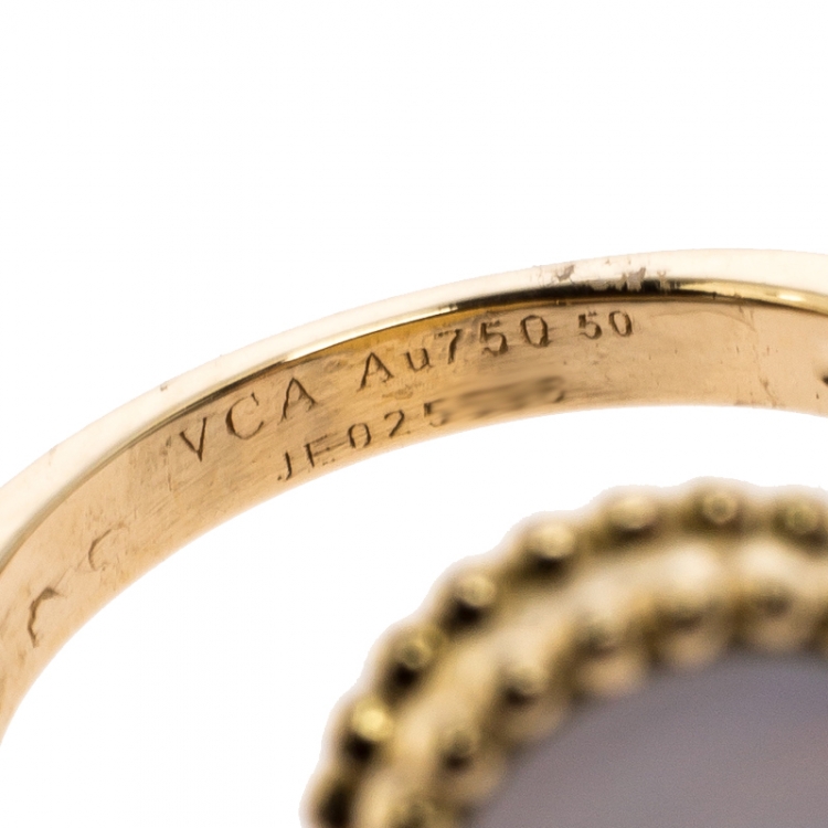 Pre Owned Van Cleef & Arpels Magic Alhambra White Mother of Pearl 18k Yellow Gold Ring Size 50