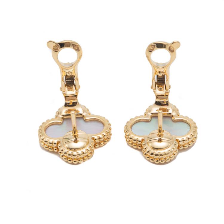 Pre Owned Van Cleef & Arpels  Mother Of Pearl  & Yellow Gold Vintage Alhambra Earrings