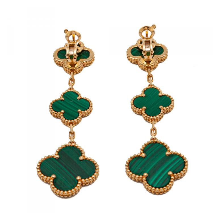 Pre Owned Van Cleef & Arpels Malachite Magic Alhambra 3 Motifs Yellow Gold Earrings