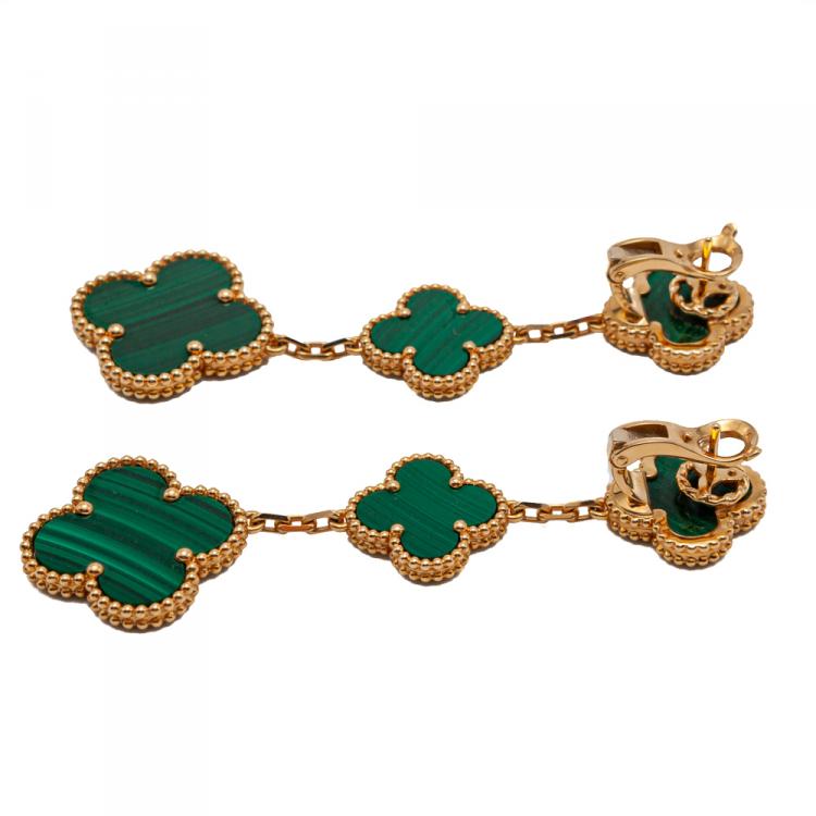 Pre Owned Van Cleef & Arpels Malachite Magic Alhambra 3 Motifs Yellow Gold Earrings