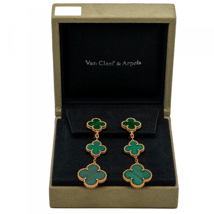 Pre Owned Van Cleef & Arpels Malachite Magic Alhambra 3 Motifs Yellow Gold Earrings