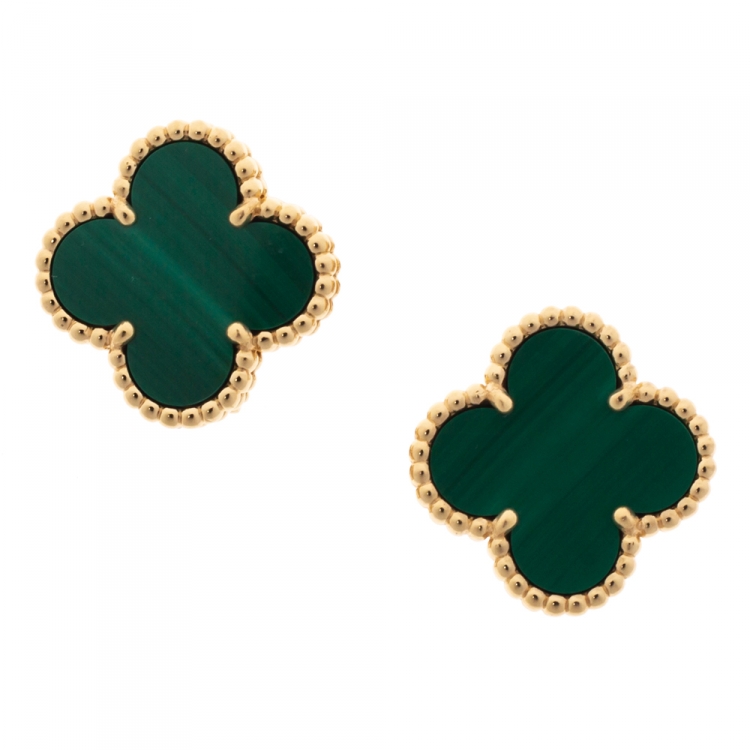 Pre Owned Van Cleef & Arpels Vintage Alhambra Malachite 18K Yellow Gold Stud Earrings