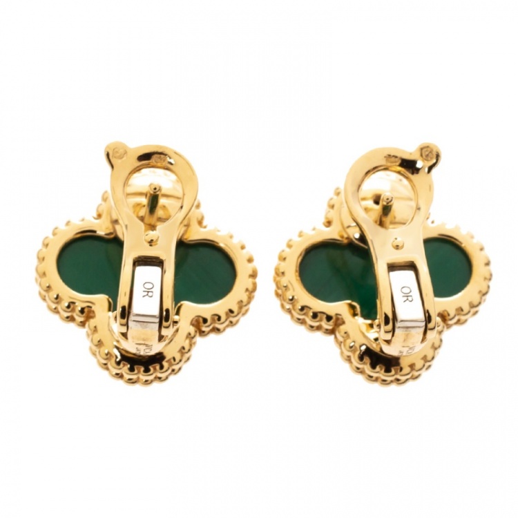 Pre Owned Van Cleef & Arpels Vintage Alhambra Malachite 18K Yellow Gold Stud Earrings