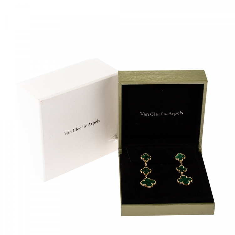 Pre Owned Van Cleef & Arpels Magic Alhambra 3 Motif Malachite 18K Yellow Gold Long Earrings