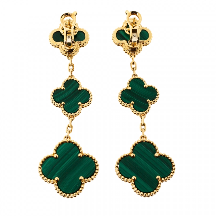 Pre Owned Van Cleef & Arpels Magic Alhambra 3 Motif Malachite 18K Yellow Gold Long Earrings