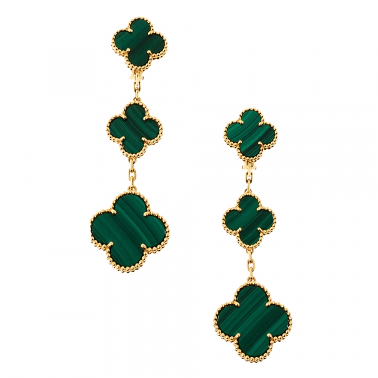 Pre Owned Van Cleef & Arpels Magic Alhambra 3 Motif Malachite 18K Yellow Gold Long Earrings