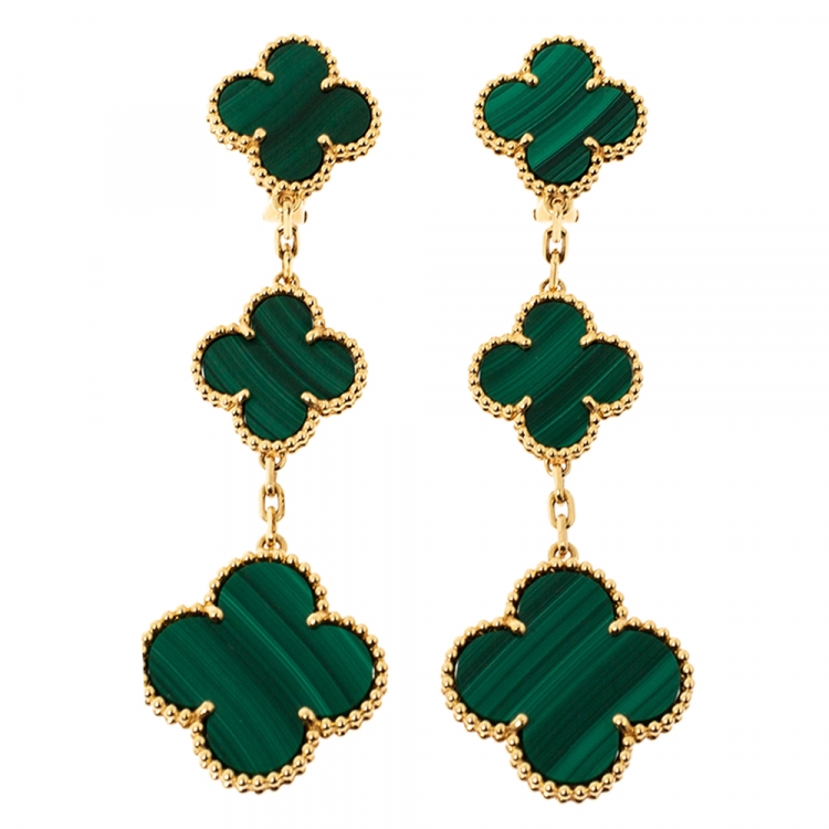 Magic Alhambra earrings 18K yellow gold, Malachite - Van Cleef & Arpels