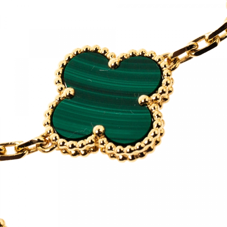 Pre Owned Van Cleef & Arpels Magic Alhambra 3 Motif Malachite 18K Yellow Gold Long Earrings
