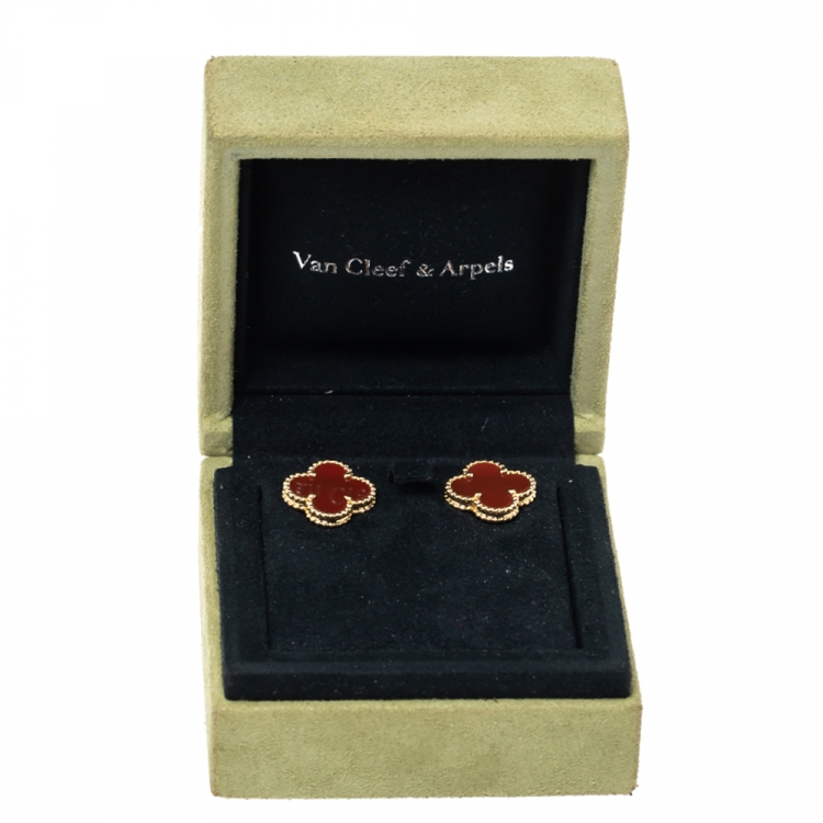 Pre Owned Van Cleef & Arpels Vintage Alhambra Carnelian 18k Yellow Gold Stud Earrings