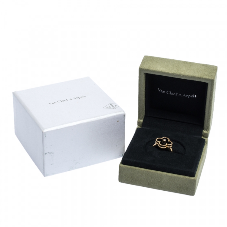 Pre Owned Van Cleef and Arpels Vintage Alhambra Onyx Diamond 18K Yellow Gold Ring 53