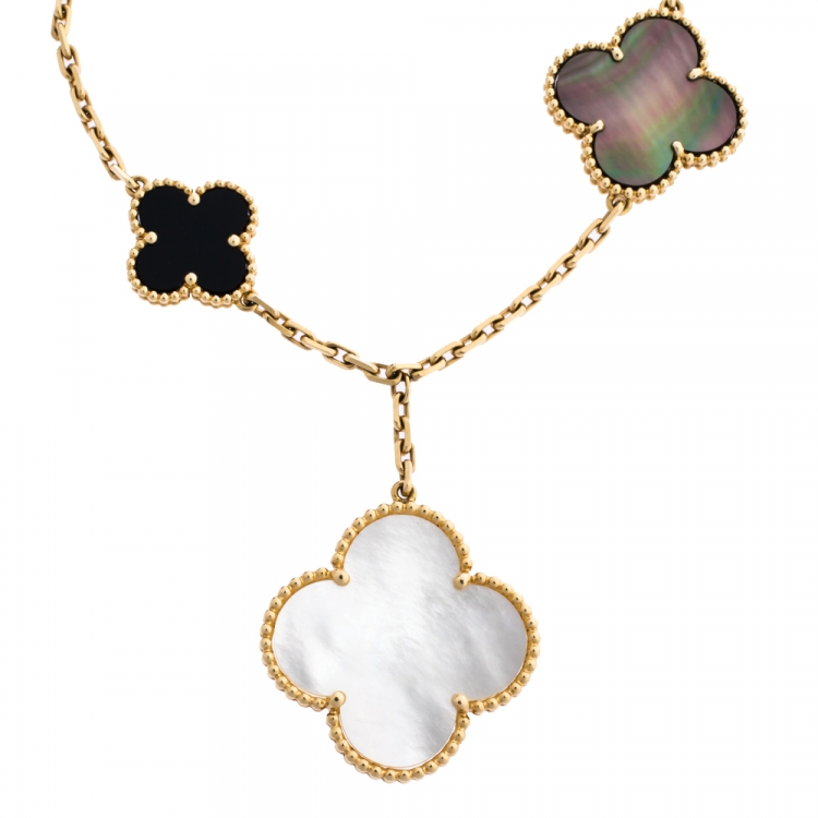 Pre Owned Van Cleef & Arpels Magic Alhambra 5 Motifs Mother of Pearl and Onyx 18K Yellow Gold Bracelet