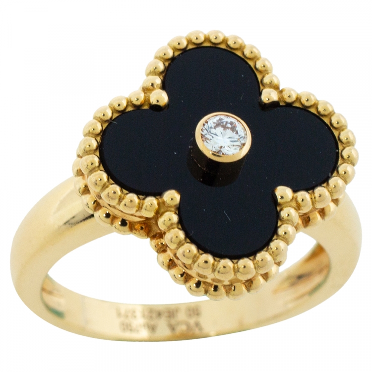 Pre Owned Van Cleef & Arpels Vintage Alhambra Diamond Onyx 18K Yellow Gold Ring Size 50