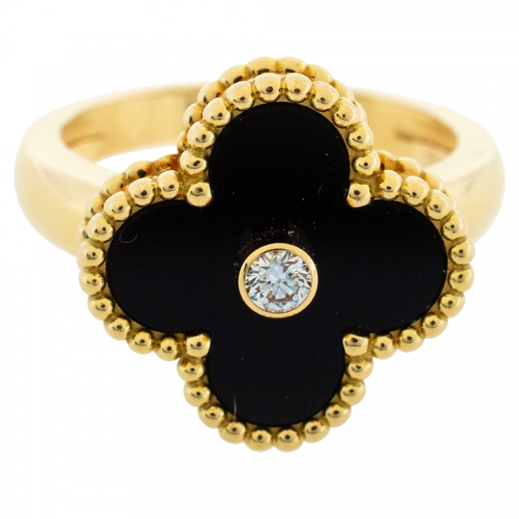 Pre Owned Van Cleef & Arpels Vintage Alhambra Diamond Onyx 18K Yellow Gold Ring Size 50