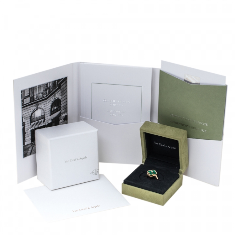 Pre Owned Van Cleef & Arpels Vintage Alhambra Diamond Malachite 18K Yellow Gold Ring 52