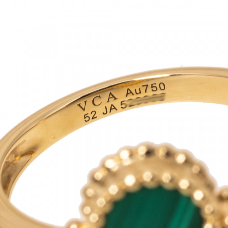 Pre Owned Van Cleef & Arpels Vintage Alhambra Diamond Malachite 18K Yellow Gold Ring 52