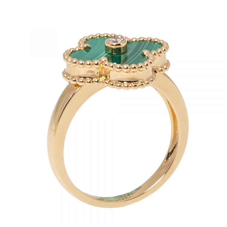 Pre Owned Van Cleef & Arpels Vintage Alhambra Diamond Malachite 18K Yellow Gold Ring 52