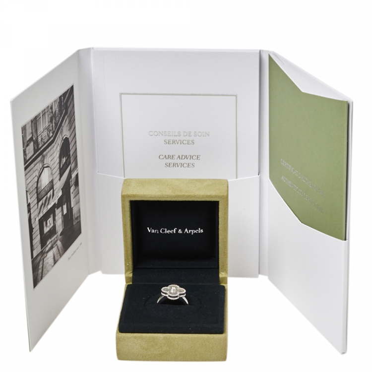 Pre Owned Van Cleef & Arpels Vintage Alhambra Mother of Pearl Diamond 18K White Gold Ring Size 53