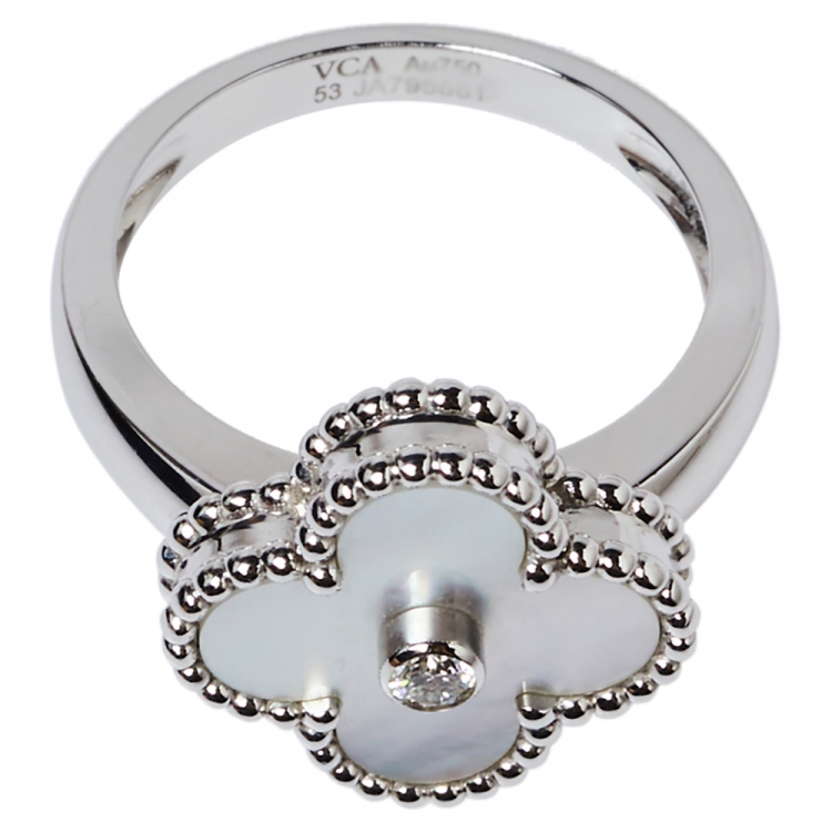 Pre Owned Van Cleef & Arpels Vintage Alhambra Mother of Pearl Diamond 18K White Gold Ring Size 53