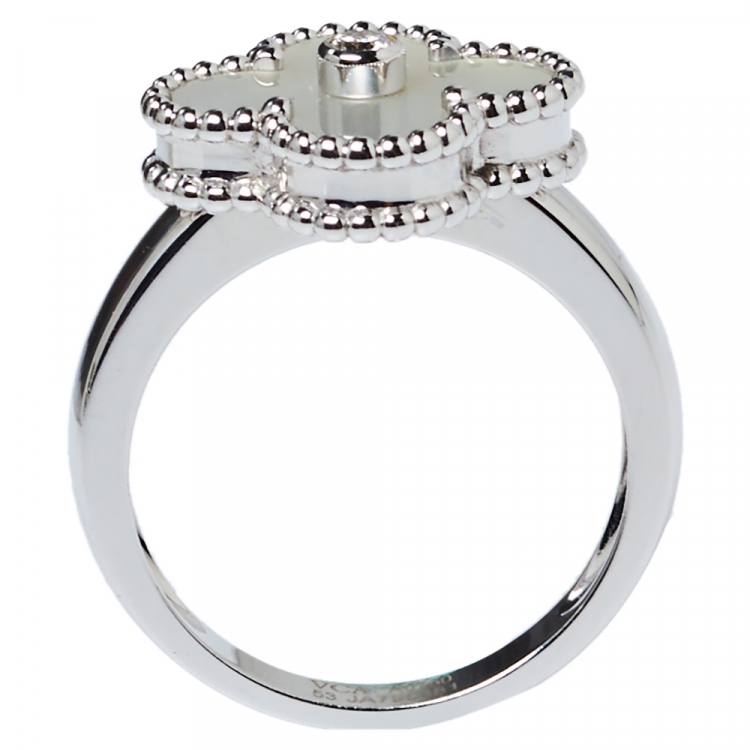 Pre Owned Van Cleef & Arpels Vintage Alhambra Mother of Pearl Diamond 18K White Gold Ring Size 53