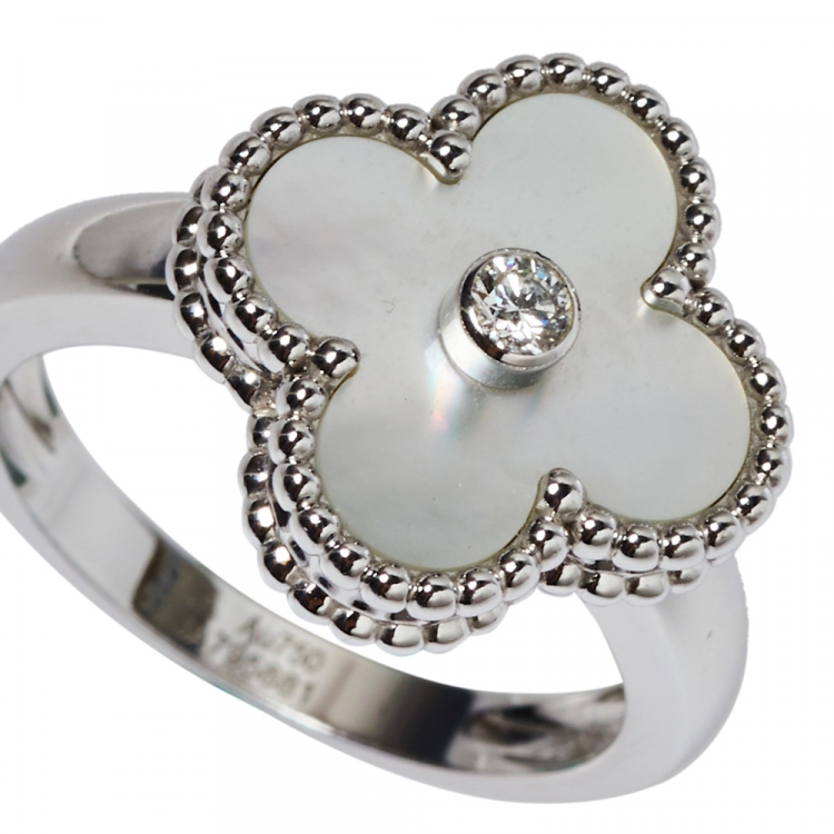 Pre Owned Van Cleef & Arpels Vintage Alhambra Mother of Pearl Diamond 18K White Gold Ring Size 53