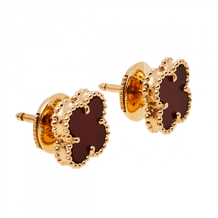 Pre Owned Van Cleef & Arpels Sweet Alhambra Carnelian 18K Rose Gold Stud Earrings