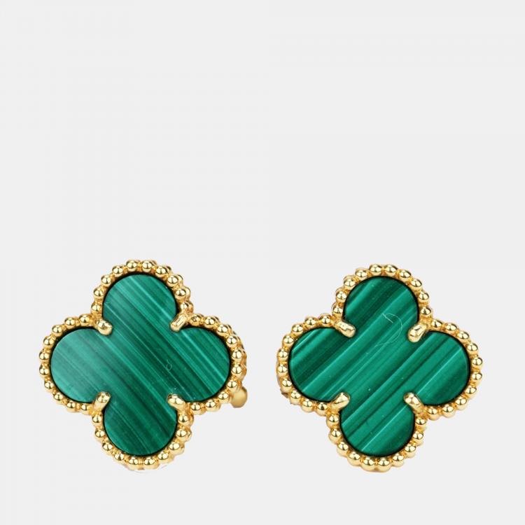 Pre Owned Van Cleef & Arpels Vintage Alhambra Malachite Yellow Gold Earrings