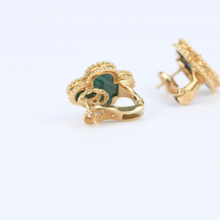 Pre Owned Van Cleef & Arpels Vintage Alhambra Malachite Yellow Gold Earrings