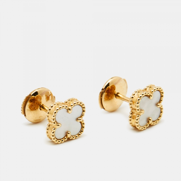 Pre Owned Van Cleef & Arpels Sweet Alhambra Mother of Pearl 18k Yellow Gold Stud Earrings