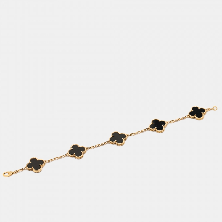 Pre Owned Van Cleef & Arpels Vintage Alhambra 5 Motif Onyx 18k Yellow Gold Station Bracelet