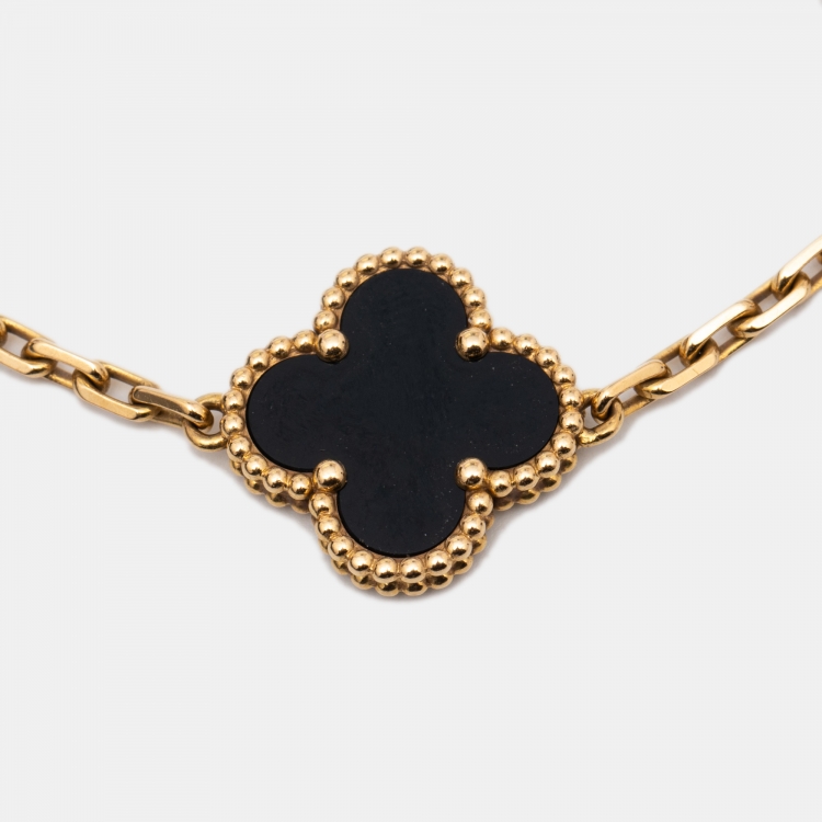 Pre Owned Van Cleef & Arpels Vintage Alhambra 5 Motif Onyx 18k Yellow Gold Station Bracelet