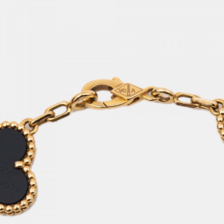 Pre Owned Van Cleef & Arpels Vintage Alhambra 5 Motif Onyx 18k Yellow Gold Station Bracelet