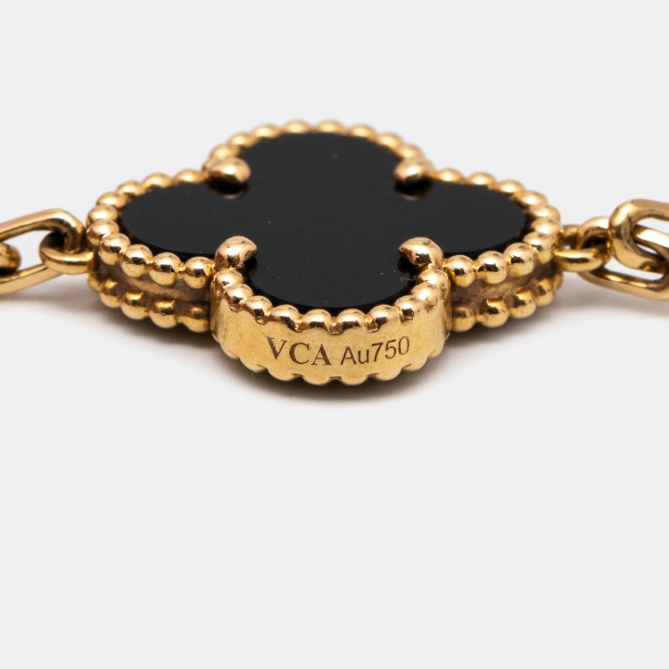 Pre Owned Van Cleef & Arpels Vintage Alhambra 5 Motif Onyx 18k Yellow Gold Station Bracelet