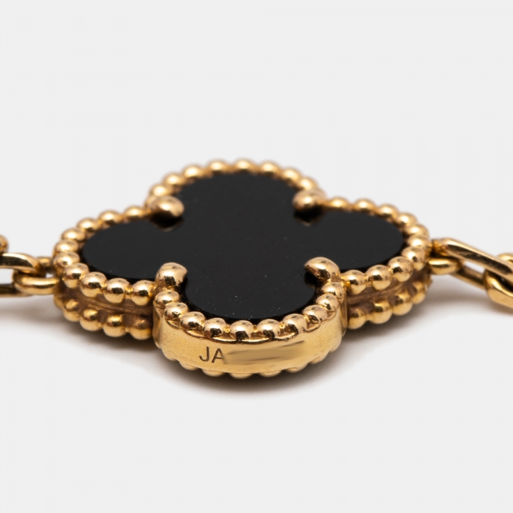 Pre Owned Van Cleef & Arpels Vintage Alhambra 5 Motif Onyx 18k Yellow Gold Station Bracelet