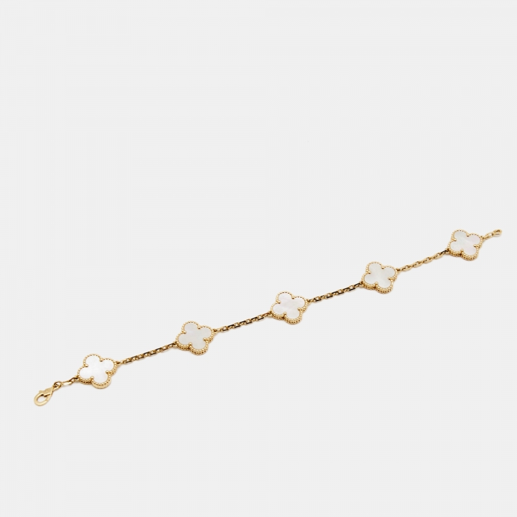 Pre Owned Van Cleef & Arpels Vintage Alhambra Mother of Pearl 18k Yellow Gold Station Bracelet