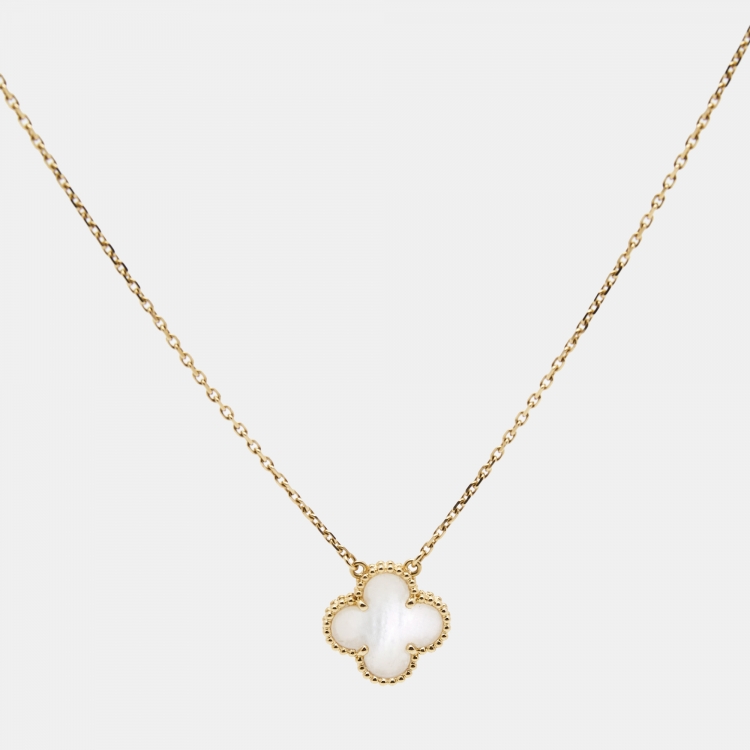 Pre Owned Van Cleef & Arpels Vintage Alhambra Mother of Pearl 18k Yellow Gold Necklace