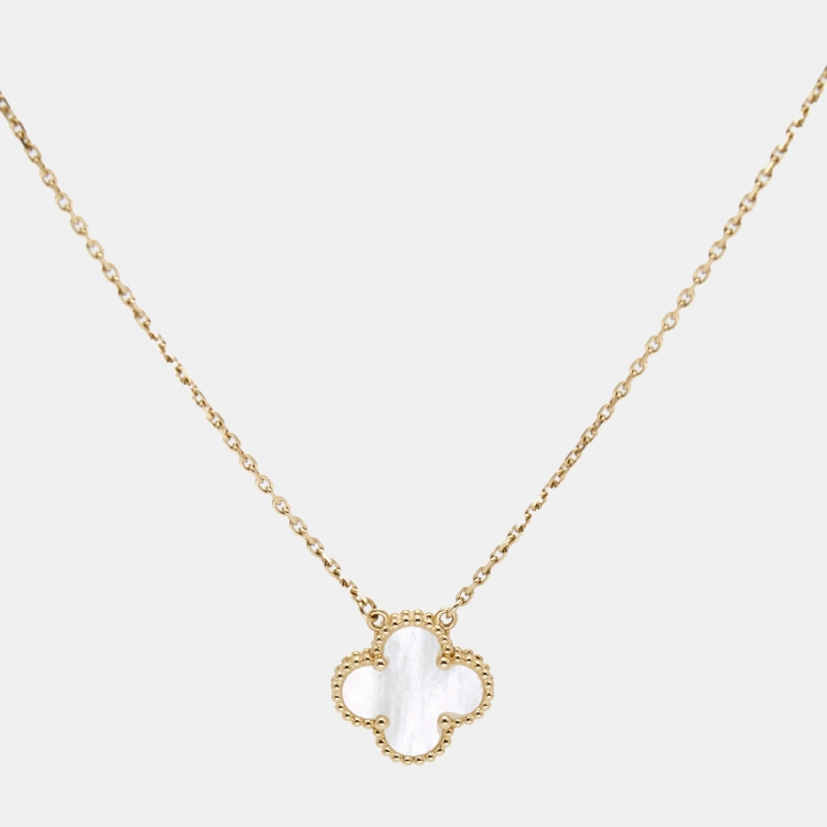 Pre Owned Van Cleef & Arpels Vintage Alhambra Mother of Pearl 18k Yellow Gold Necklace